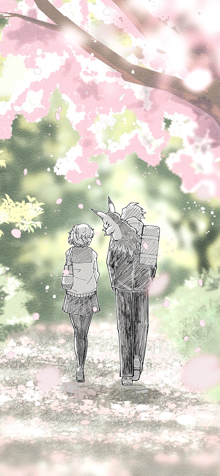 1boy 1girl ayumuminato bag cherry_blossoms digimon digimon_(creature) digimon_paradox elecmon eve_(digimon) from_behind greyscale_with_colored_background highres jacket official_art pants pink_petals pleated_skirt school_uniform second-party_source shinonome_reiji skirt