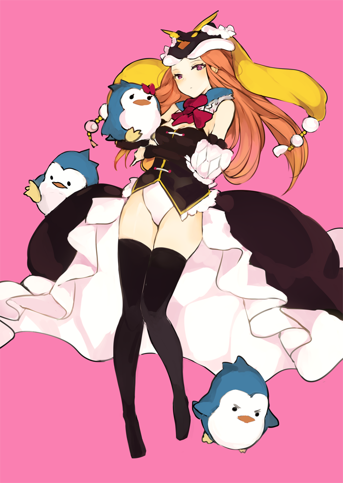 1girl bare_shoulders bird black_dress black_thighhighs brown_hair dress elbow_gloves full_body gloves hat knees_together_feet_apart leotard long_hair looking_at_viewer lpip mawaru_penguindrum neckerchief no_shoes open_clothes open_dress penguin penguin_1-gou penguin_2-gou penguin_3-gou pink_background princess_of_the_crystal purple_eyes red_neckerchief simple_background thighhighs white_leotard