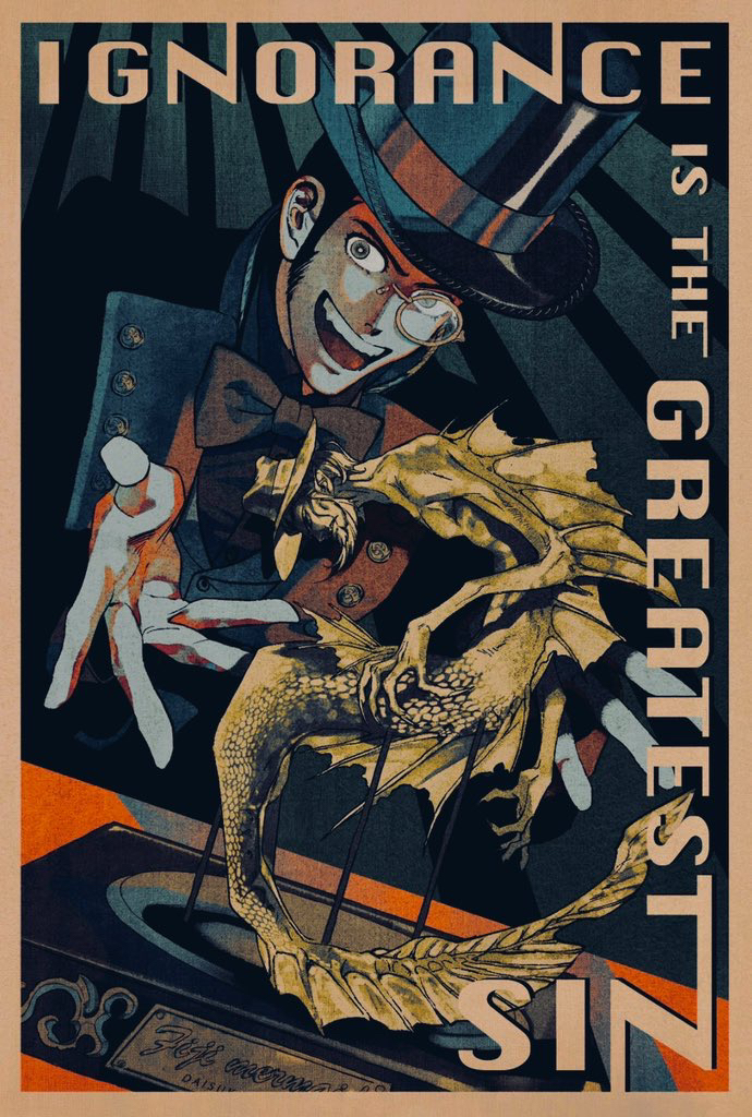 1boy arsene_lupin_iii beard black_hat black_jacket bow bowtie claws english_text facial_hair grey_eyes hashi84e hat jacket jigen_daisuke long_sideburns looking_at_viewer lupin_iii male_focus monocle open_mouth short_hair sideburns statue teeth upper_teeth_only