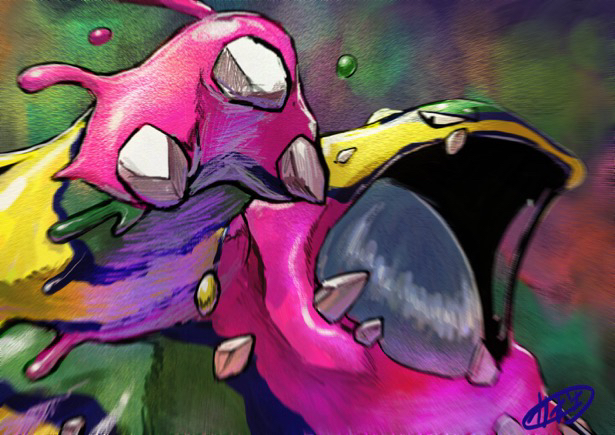 alolan_form alolan_muk blob claws commentary_request dripping gen_7_pokemon kaosu_(kaosu0905) nintendo no_humans open_mouth pokemon pokemon_(creature) signature solo