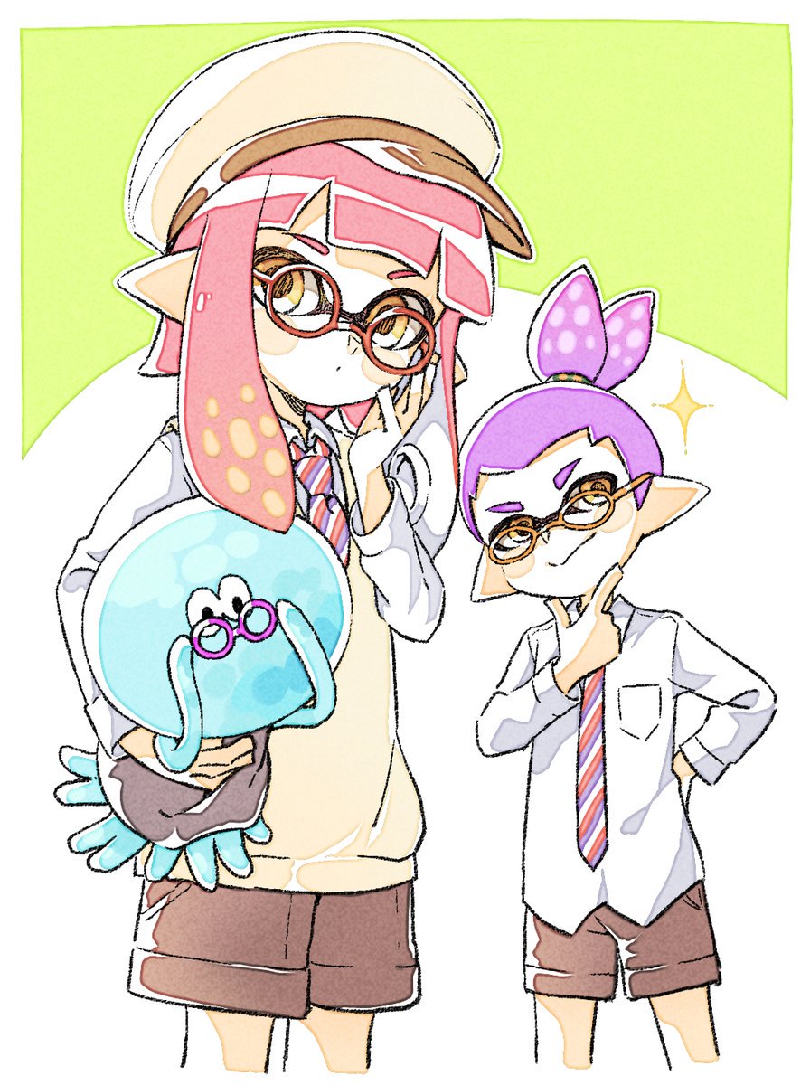 1boy 1girl animal blue_necktie brown_shorts cabbie_hat collared_shirt cropped_legs glasses hand_on_own_cheek hand_on_own_face hat highres holding holding_animal inkling inkling_boy inkling_girl inkling_player_character jellyfish_(splatoon) long_hair looking_at_viewer multicolored_necktie necktie nintendo pink_hair pointy_ears purple_hair red-framed_eyewear red_necktie round_eyewear sen_squid shirt shorts splatoon_(series) striped_necktie sweater_vest tentacle_hair third-party_source topknot white_necktie white_shirt yellow_eyes yellow_hat yellow_sweater_vest