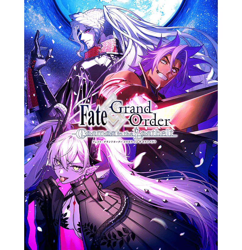 1girl 2boys alessandro_di_cagliostro_(fate) artist_collaboration bhima_(fate) braid breasts candy cleavage copyright_name cracked_skin dark-skinned_male dark_skin earrings facial_hair falling_petals fate/grand_order fate_(series) food gloves goatee hair_ornament holding holding_candy holding_food holding_lollipop holding_weapon horns jacket jewelry lilith_(fate) lilith_(second_ascension)_(fate) logo lollipop long_hair long_sleeves looking_at_viewer multiple_boys multiple_braids multiple_earrings nipi27 official_art pako_(pakosun) pasties petals pink_hair pointy_ears ponytail purple_eyes purple_hair red_eyes routo second-party_source sky smile star_(sky) twintails weapon white_hair yellow_eyes