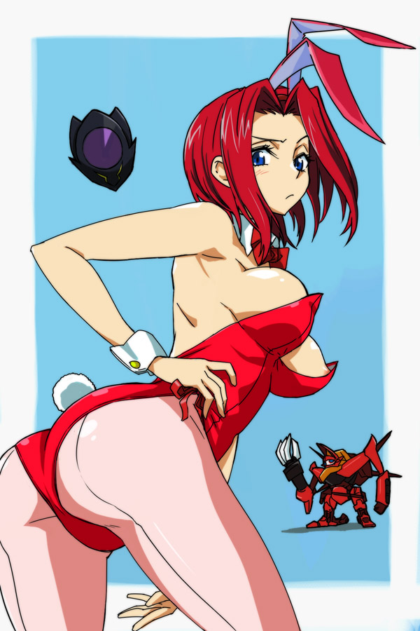 1girl animal_ears ass blue_eyes breasts code_geass fake_animal_ears female_focus guren_(code_geass) guren_mk-ii hand_on_own_hip kouzuki_kallen large_breasts leotard looking_at_viewer looking_back mecha michael_f91 nipple_slip nipples pantyhose pink_pantyhose playboy_bunny rabbit_ears red_hair robot short_hair simple_background solo zero_(code_geass)