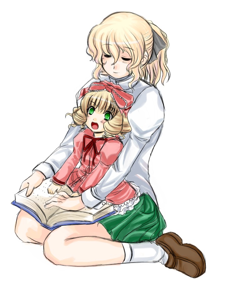 00s 10s 2girls blind blonde_hair bow braille crossover dress drill_hair green_eyes hair_bow hinaichigo katawa_shoujo kekekeke kneehighs loafers long_sleeves multiple_girls open_mouth pink_bow reading rozen_maiden satou_lilly shoes simple_background sitting socks white_background white_legwear