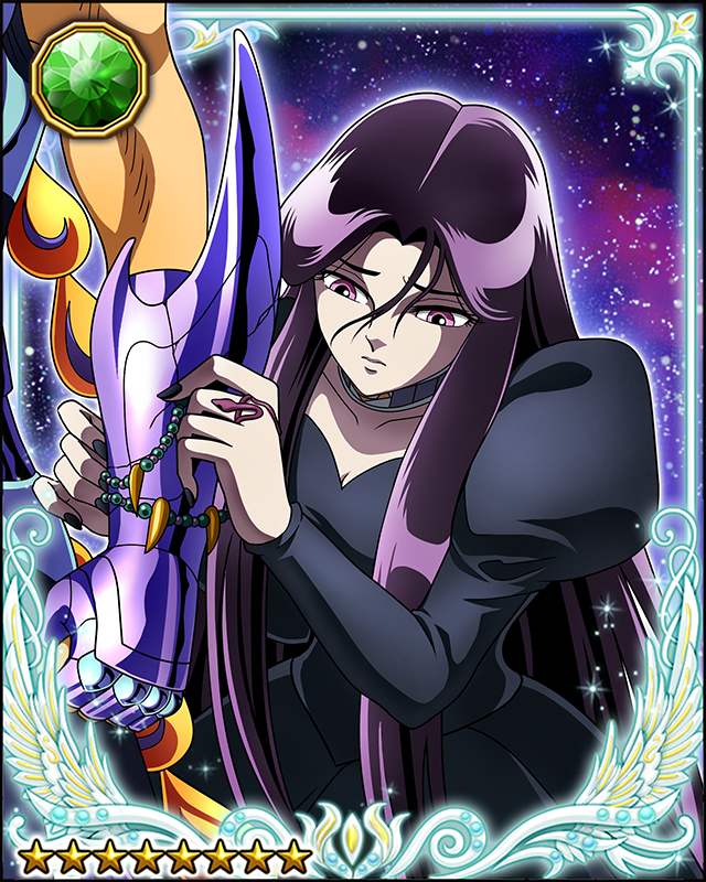 00s 80s armor black_dress black_nails card couple dress jewelry nail_polish necklace official_art oldschool pandora_(saint_seiya) phoenix_ikki purple_eyes purple_hair retro_artstyle sad saint_seiya worried