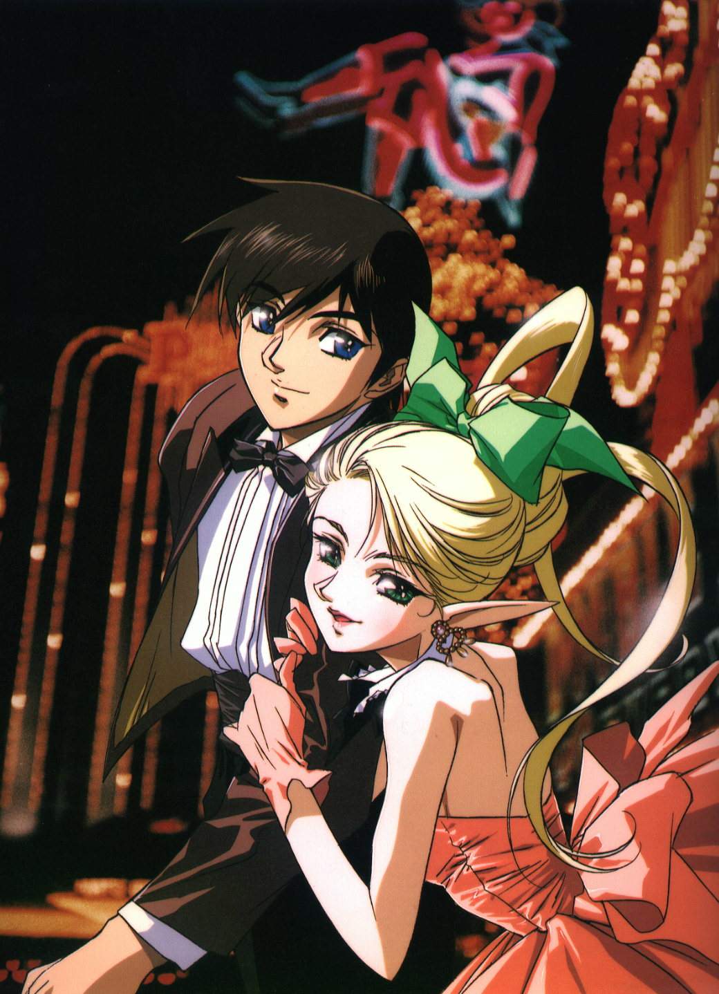 1990s_(style) 1boy 1girl bow bowtie contemporary deedlit dress elf formal_clothes hair_up highres non-web_source parn_(lodoss) pointy_ears record_of_lodoss_war retro_artstyle suit traditional_bowtie