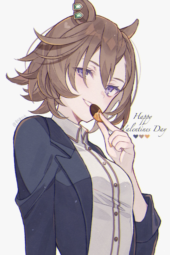 1girl animal_ears blazer blue_jacket cookie cursive dress_shirt earclip english_text food happy_valentine heart holding holding_food horse_ears horse_girl jacket looking_at_viewer parted_lips satsuki_(miicat) shirt short_hair smile solo t.m._opera_o_(umamusume) twitter_username umamusume upper_body white_shirt wing_collar