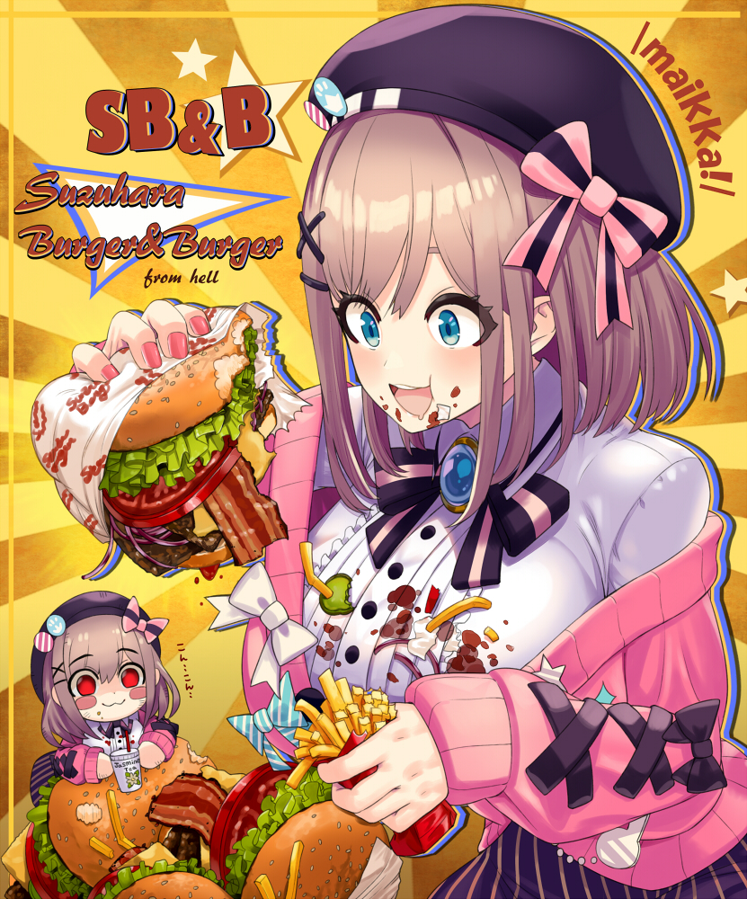 1girl :3 bacon black_hat blue_eyes blush_stickers bow breasts brooch brown_hair burger cardigan center_frills commentary_request cup disposable_cup eating fast_food food food_on_body food_on_breasts food_on_face french_fries frills hair_ornament hat hat_pin holding holding_food jewelry ketchup large_breasts lettuce long_sleeves medium_hair nijisanji open_cardigan open_clothes open_mouth pickle pink_cardigan sakurai_energy shirt skirt smile solo striped_bow striped_clothes striped_skirt suzuhara_lulu tomato vertical-striped_clothes vertical-striped_skirt virtual_youtuber white_shirt x_hair_ornament