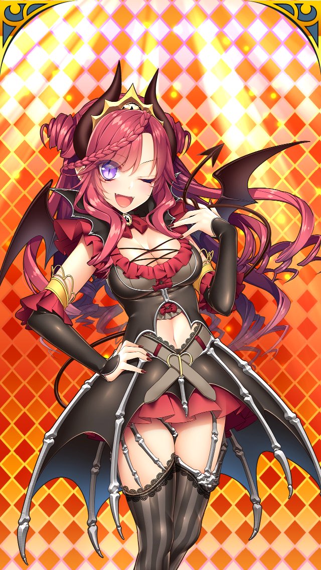1girl argyle_background bare_shoulders bat_wings black_dress black_gloves black_sleeves blue_eyes blush bow braid breasts brooch chain-link_fence checkered_background checkered_floor closed_mouth cowboy_shot cross-laced_clothes demon_girl demon_horns demon_tail demon_wings detached_sleeves dress earrings elbow_gloves fence fishnets frilled_dress frills garter_straps giuniu gloves hair_between_eyes hair_ornament halloween hand_on_own_hip hand_up head_tilt heart hexagon high_collar honeycomb_(pattern) honeycomb_background horns jewelry lace large_breasts layered_dress long_hair long_sleeves looking_at_viewer lucian_luce medium_breasts nail_polish neck_ribbon orange_background outline patterned_background pink_hair plaid_background pointy_ears puffy_sleeves purple_eyes red_dress red_hair red_ribbon ribbon short_dress sidelocks skirt sleeveless sleeveless_dress smile solo stained_glass standing striped_clothes striped_dress tail thighhighs tile_floor tile_wall tiles turtleneck two_side_up uchi_no_hime-sama_ga_ichiban_kawaii underbust vertical-striped_clothes vertical-striped_dress very_long_hair virtual_youtuber wavy_hair wings zettai_ryouiki