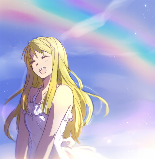 1girl ^_^ arms_at_sides bare_arms bare_shoulders blonde_hair closed_eyes day dress female_focus floating_hair fullmetal_alchemist happy long_hair open_mouth outdoors rainbow riru sky sleeveless sleeveless_dress smile solo upper_body white_dress winry_rockbell