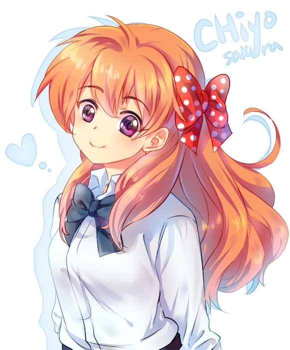10s 1girl bow character_name female_focus gekkan_shoujo_nozaki-kun hair_bow hair_ribbon heart orange_hair polka_dot polka_dot_bow purple_eyes ribbon sakura_chiyo simple_background solo tachiuo_(arines)