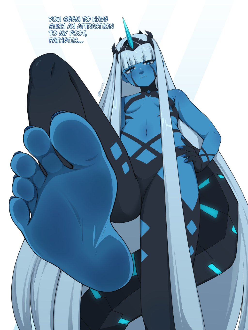 001_(darling_in_the_franxx) 1girl blue_eyes blue_skin colored_skin darling_in_the_franxx english_text feet foot_focus highres lululewd solo toes white_hair