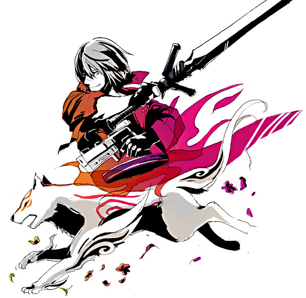 1boy 23262 amaterasu_(ookami) animal black_eyes black_pants capcom commentary_request crossover dante_(devil_may_cry) devil_may_cry_(series) full_body holster kurosu marvel_vs._capcom marvel_vs._capcom_3 medium_hair ookami_(game) pants simple_background smile white_background white_hair white_wolf wolf