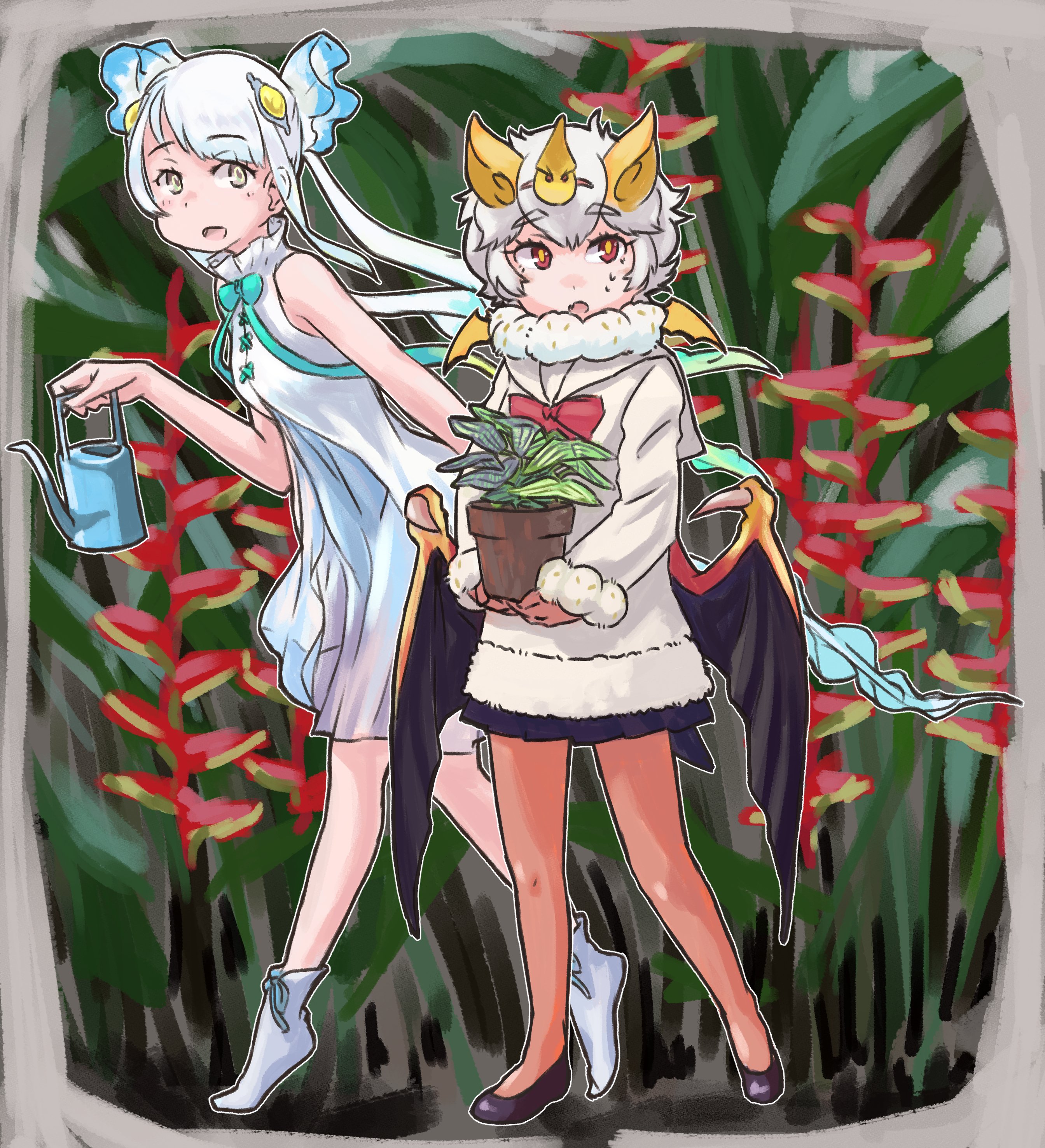 2girls absurdres animal_ears bat_ears bat_girl bat_wings black_footwear black_skirt blonde_hair blue_hair blue_neckwear boots bow bowtie collar dress flats frilled_collar frills fur_collar fur_trim gradient_hair high_collar highres honduran_white_bat_(kemono_friends) jacket kemono_friends long_hair long_sleeves multicolored_hair multiple_girls orange_eyes pantyhose plant pleated_skirt potted_plant red_legwear red_neckwear sailor_collar short_hair skirt skyfish_(kemono_friends) sleeveless tiptoes toriny twintails watering_can white_dress white_footwear white_fur white_hair white_jacket wings yellow_eyes