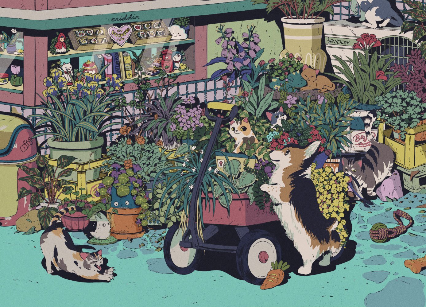 animal animal_focus box carrot cat chocolate commentary complex_exterior creature dog doll english_commentary english_text eniddin flower food leaf no_humans original pet_toy plant potted_plant purple_flower sitting sleeping smile sweat tonari_no_totoro totoro toy trash_can wagon window yellow_flower