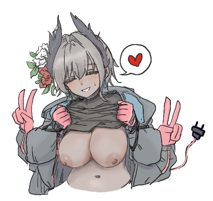 1girl :d ^_^ arknights black_jacket black_shirt blush breasts cleavage closed_eyes clothes_lift commentary cropped_torso dark-skinned_female dark_skin double_v earrings electric_plug electric_plug_tail extra_arms facing_viewer gloves grey_hair grin hair_between_eyes heart jacket jewelry large_breasts lifting_own_clothes long_sleeves navel nipples no_bra open_clothes open_jacket open_mouth pink_gloves raidian_(arknights) shirt shirt_lift short_hair simple_background smile solo spoken_heart sussurrobestmom sweatdrop tail v white_background