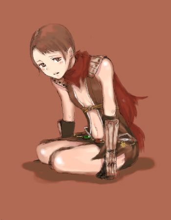 1girl armor assassin_cross_(ragnarok_online) black_gloves blush brown_hair brown_leotard commentary_request flat_chest full_body gloves leotard looking_at_viewer lowres navel open_mouth pauldrons ragnarok_online red_scarf revealing_clothes scarf short_bangs short_hair shoulder_armor simple_background sitting solo torn_clothes torn_scarf vambraces waya_(takaomi777) yokozuwari