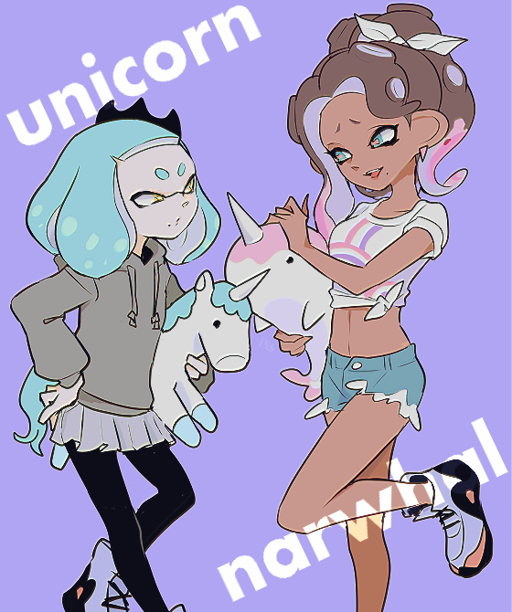 2girls alternate_costume black_crown black_pantyhose blue_eyes blue_hair blue_shorts brown_hair cephalopod_eyes closed_mouth commentary crown dark-skinned_female dark_skin drawstring earrings grey_hoodie grey_skirt hair_ribbon hand_on_own_hip holding holding_stuffed_toy hood hood_down hoodie horizontal_pupils imaikuy0 inkling jewelry long_sleeves looking_at_another marina_(splatoon) medium_hair midriff mole mole_under_mouth multicolored_hair multiple_girls nintendo octoling open_mouth pantyhose parted_bangs pearl_(splatoon) pink_hair pink_pupils pleated_skirt purple_background ribbon shirt short_shorts short_sleeves shorts skirt smile splatoon_(series) splatoon_2 stuffed_narwhal stuffed_toy stuffed_unicorn symbol-only_commentary teeth tentacle_hair tied_shirt tilted_headwear triangle_earrings upper_teeth_only white_ribbon white_shirt yellow_eyes
