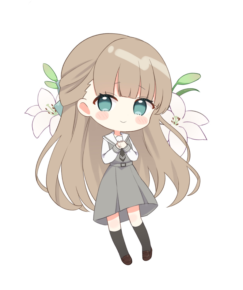 1girl aqua_eyes black_necktie black_socks blush_stickers brown_hair brown_shoes chibi chibi_only closed_mouth dress flower full_body furutori grey_dress half_updo hands_on_own_chest kneehighs lily_(flower) loafers long_hair long_sleeves looking_at_viewer necktie original own_hands_together sailor_collar sailor_dress school_uniform shirt shoes simple_background smile socks solo very_long_hair white_background white_flower white_sailor_collar white_shirt