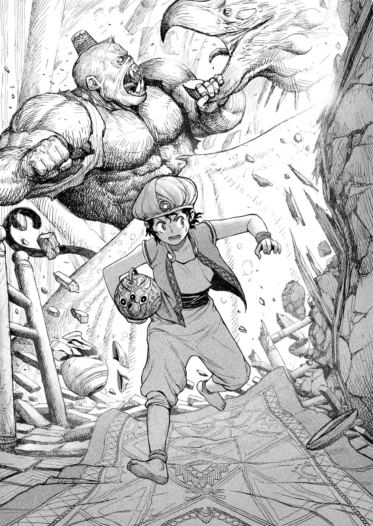 1boy aladdin_(disney) aladdin_(movie) animification barefoot commentary english_commentary genie genie_(aladdin) greyscale hatching_(texture) highres holding_lamp male_focus monochrome monster oil_lamp open_clothes open_mouth open_vest pants running sash vest wide-eyed y_naf