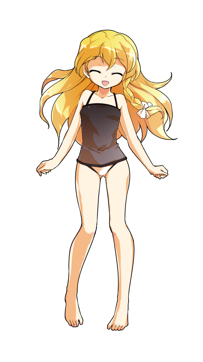 1girl alphes_(style) bare_arms bare_legs bare_shoulders barefoot black_one-piece_swimsuit blonde_hair braid breasts casual_one-piece_swimsuit closed_eyes collarbone commentary_request dairi facing_viewer full_body gluteal_fold hair_between_eyes highres kirisame_marisa one-piece_swimsuit open_mouth parody side_braid silent_sinner_in_blue single_braid small_breasts smile solo standing straight-on style_parody swimsuit tachi-e touhou touhou_bougetsushou transparent_background
