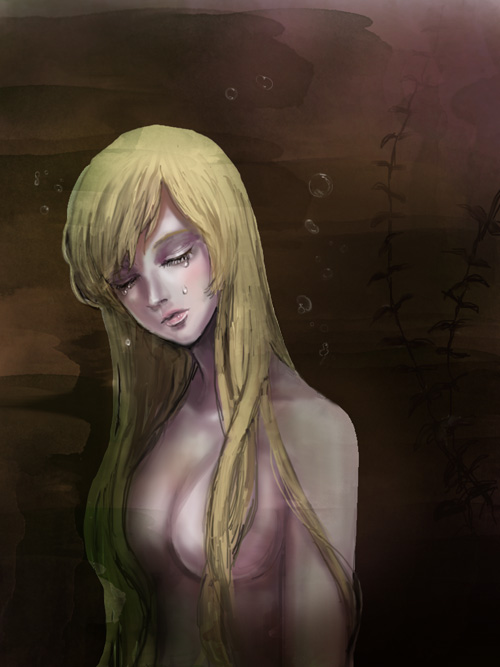 1girl ayairo blonde_hair breasts bubble censored cleavage closed_eyes collarbone convenient_censoring female_focus hair_censor lips long_hair mermaid_swamp ningyo_numa nude parted_bangs seaweed shadow sidelocks solo sonica sonica_chell tears underwear very_long_hair yamazaki_rin