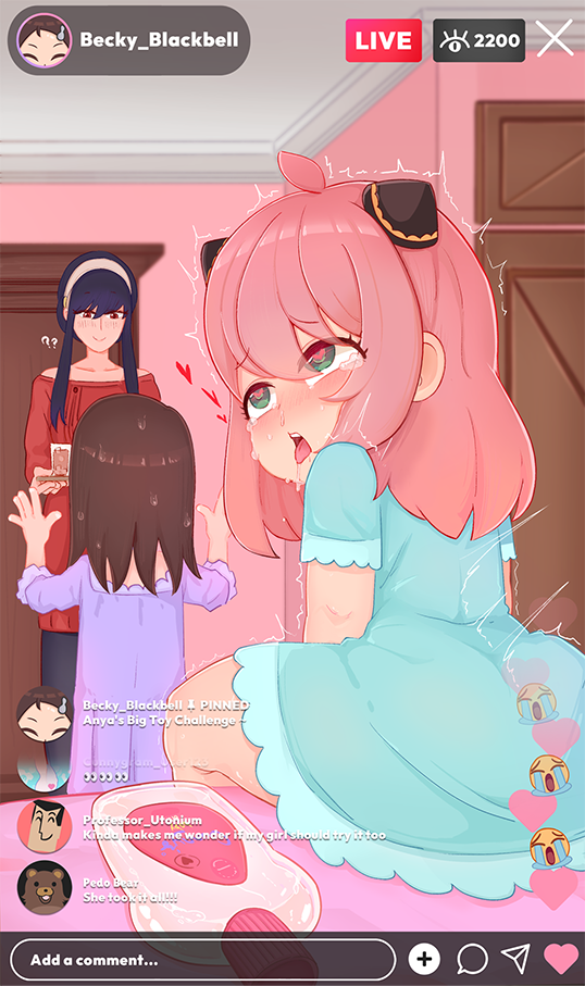 3girls ? ahegao anal anal_object_insertion anya_(spy_x_family) aqua_dress becky_blackbell black_hair black_pantyhose blush brown_hair character_name chat_log clueless confused dress eyelashes feet_out_of_frame female_focus from_behind green_eyes heart heart-shaped_pupils indoors instagram livestream loli long_hair long_sleeves looking_at_another looking_down multiple_girls object_insertion open_mouth oscarlllll pantyhose pink_hair purple_dress red_eyes red_sweater rolling_eyes short_hair_with_long_locks sitting spy_x_family standing sweater symbol-shaped_pupils tears tongue tongue_out variant_set yor_briar