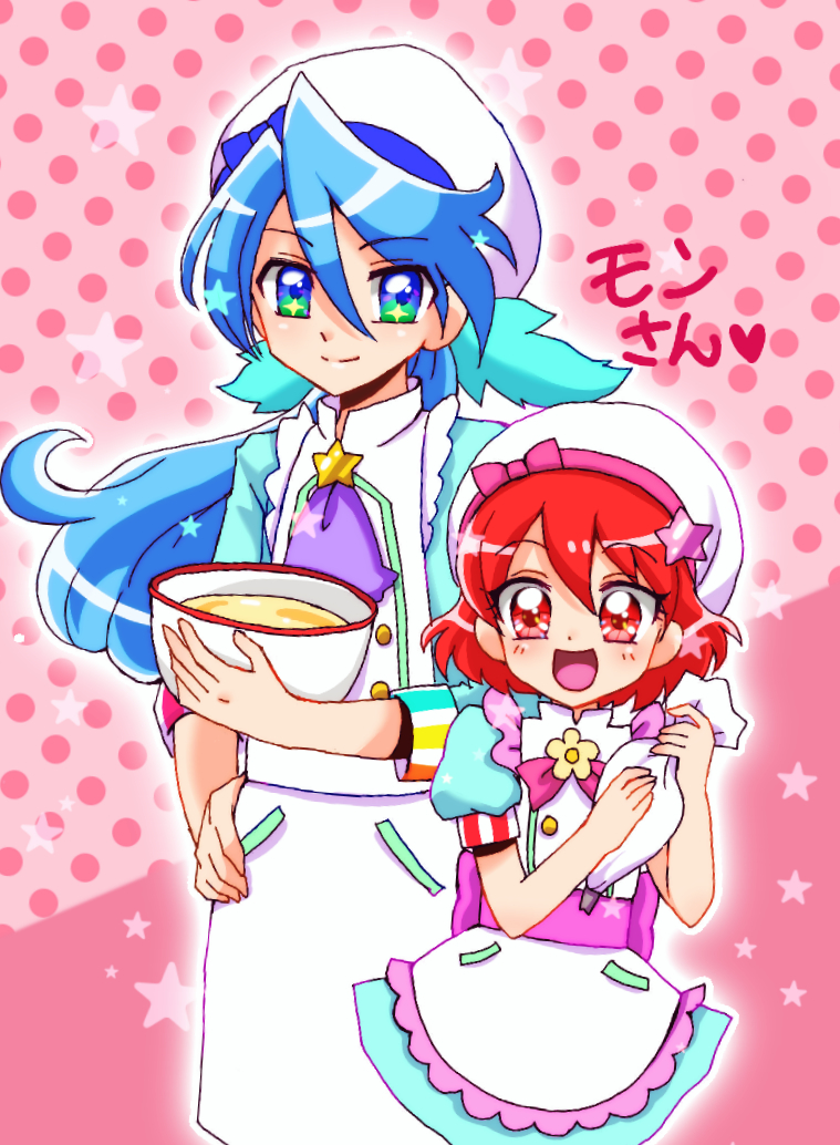 10s 1boy 1girl ascot bad_id bad_pixiv_id blue_hair holding holding_pastry_bag kenjou_miku kirakira_patisserie_uniform kirakira_precure_a_la_mode kuroki_rio long_hair mixing_bowl pastry_bag patterned_background pikario_(precure) pink_background polka_dot polka_dot_background precure red_eyes red_hair reira_(reomimi0211) smile spoilers