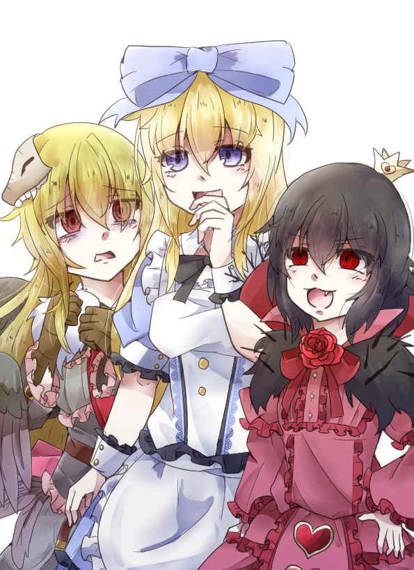 3girls :d alice_(black_souls) bags_under_eyes black_souls black_souls_2 black_wings blonde_hair blue_bow blue_eyes bow commentary_request crown dress edith_(black_souls) fang feathered_wings flower hair_bow hair_ornament hand_on_own_hip kurobane444 long_sleeves looking_at_another lorina_(black_souls) mini_crown multiple_girls open_mouth red_dress red_eyes red_flower red_rose rose simple_background smile white_background wings wrist_cuffs