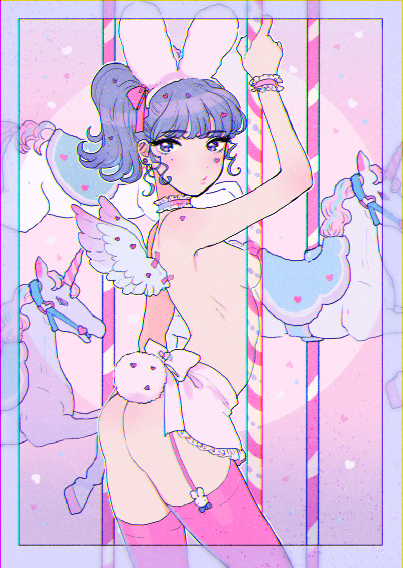 1girl angel_wings animal_ears apron arched_back arm_up ass breasts carousel choker fake_animal_ears fake_wings frilled_choker frills from_behind heart looking_back looking_to_the_side miyako_(xxxbibit) mole mole_under_eye naked_apron nude original pink_thighhighs pole ponytail purple_eyes purple_hair rabbit_ears rabbit_tail ringlets sleeve_cuffs solo tail tape thighhighs unicorn waist_apron wings