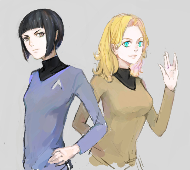 blonde_hair gender_request genderswap james_tiberius_kirk pointy_ears salute spock star_trek starfleet_uniform tagme vulcan_salute
