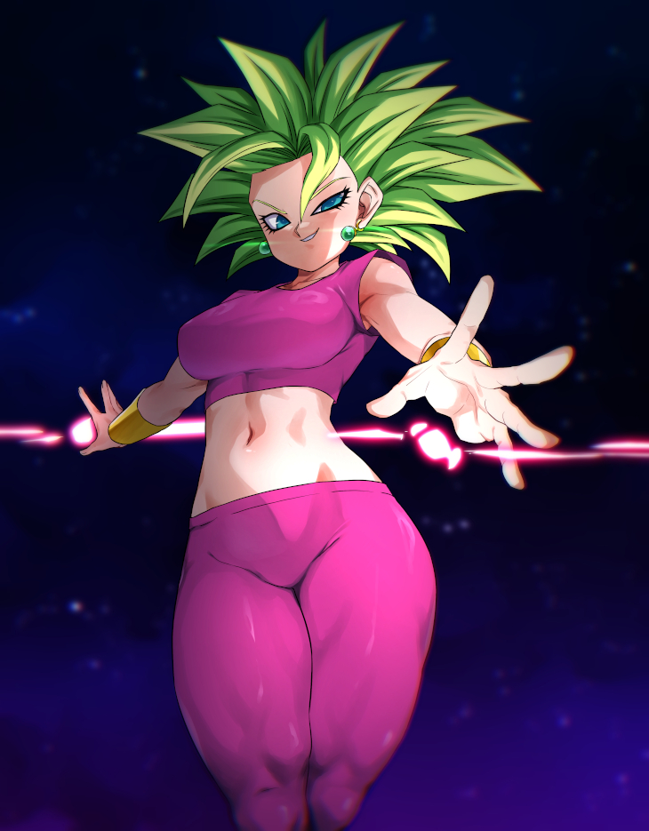 1girl armlet blue_eyes breasts crop_top dragon_ball dragon_ball_super earrings energy_blast green_hair jewelry kefla_(dragon_ball) large_breasts looking_at_viewer medium_hair midriff navel pants potara_earrings purple_tank_top rom_(20) saiyan smirk spiked_hair super_saiyan tank_top thighs toned toned_female