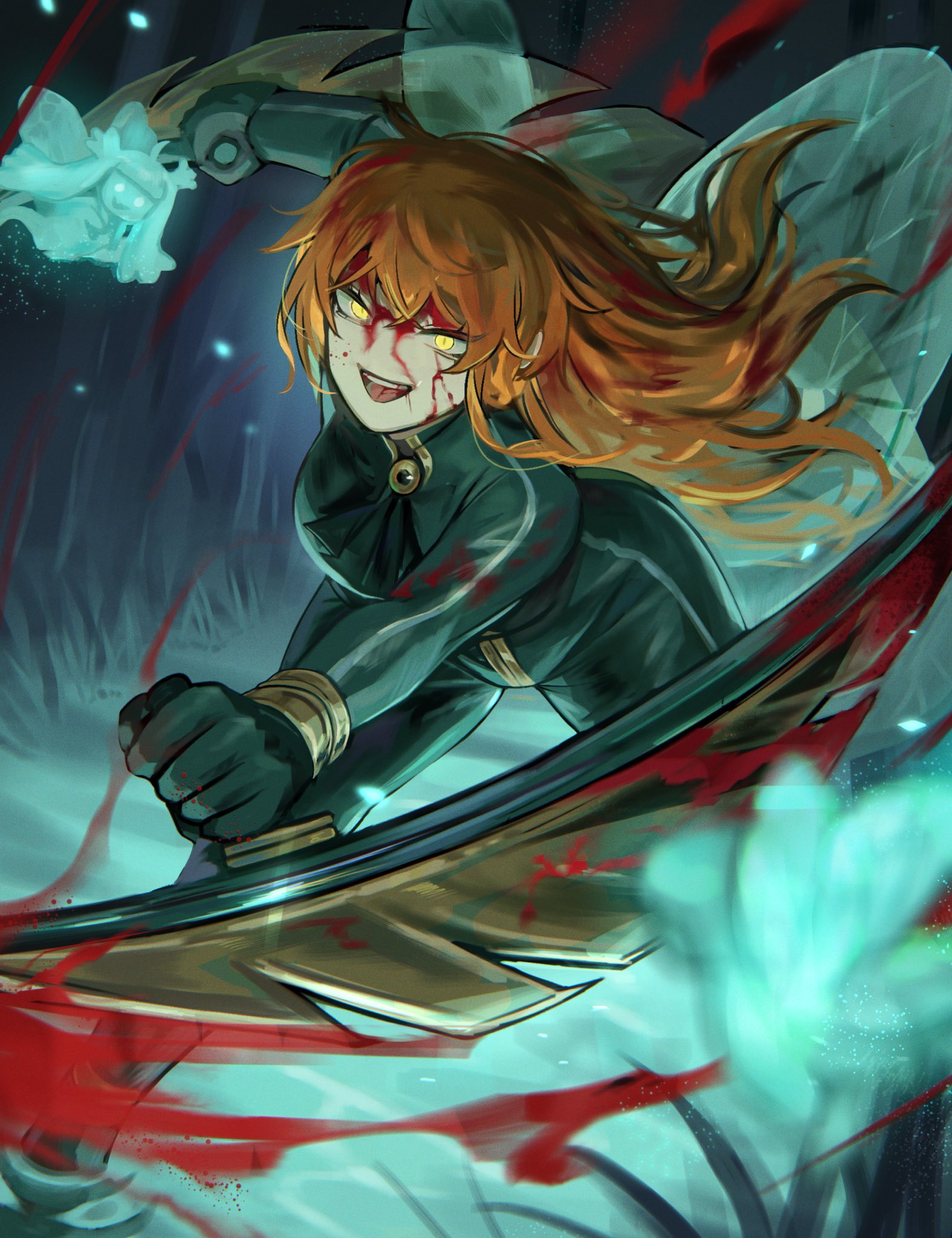 1girl ascot bladed_tonfa blood blood_in_hair blood_on_clothes blood_on_face bow bracelet brooch e.g.o_(project_moon) fairy_festival fairy_wings floating_hair gloves green_ascot green_bow green_gloves highres ishmael_(project_moon) jewelry library_of_ruina lobotomy_corporation long_hair looking_at_viewer na-gyou_(nunumaru) open_mouth orange_hair project_moon smile solo tongue wingbeat_(e.g.o) wings