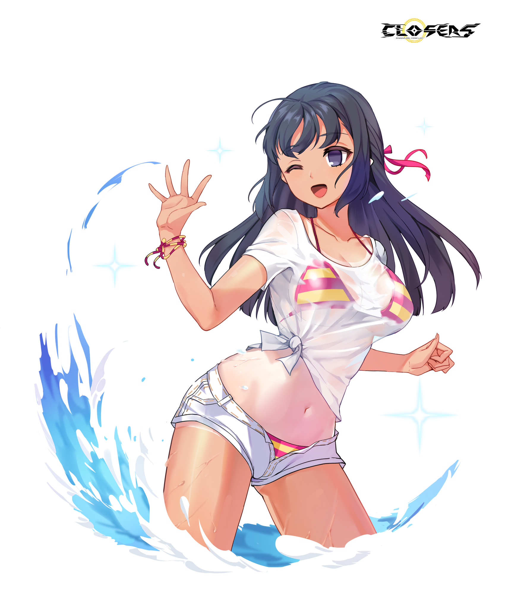 1girl ;d alternate_hair_color bikini bikini_under_clothes bikini_under_shorts black_hair breasts closers copyright_name cowboy_shot hair_ribbon hands_up highres large_breasts levia_(closers) logo long_hair looking_to_the_side multicolored_bikini multicolored_ribbon navel no_pupils official_art one-piece_tan one_eye_closed open_mouth purple_eyes red_bikini red_ribbon ribbon see-through_clothes see-through_shirt shirt short_shorts short_sleeves shorts smile solo sparkle splashing stomach string_bikini striped_bikini striped_clothes swimsuit t-shirt tan tanline tied_shirt variant_set wading water wet wet_clothes wet_shirt white_background white_shirt white_shorts wrist_ribbon yellow_bikini yellow_ribbon