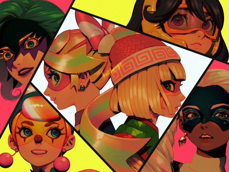 6+girls arms_(game) artist_name back-to-back bellhenge black_hair blonde_hair blue_eyes bow brown_eyes closed_mouth dark-skinned_female dark_skin dr._coyle drawing_on_another&#039;s_face earrings facepaint food from_side goggles green_eyes green_hair headgear jewelry lipstick lola_pop looking_ahead looking_at_viewer looking_up makeup mask mechanica_(arms) min_min_(arms) multicolored_hair multiple_girls nintendo noodles open_mouth pale_skin panels ribbon_girl_(arms) simple_background smile super_smash_bros. twintails twintelle_(arms) white_hair wrestling_mask