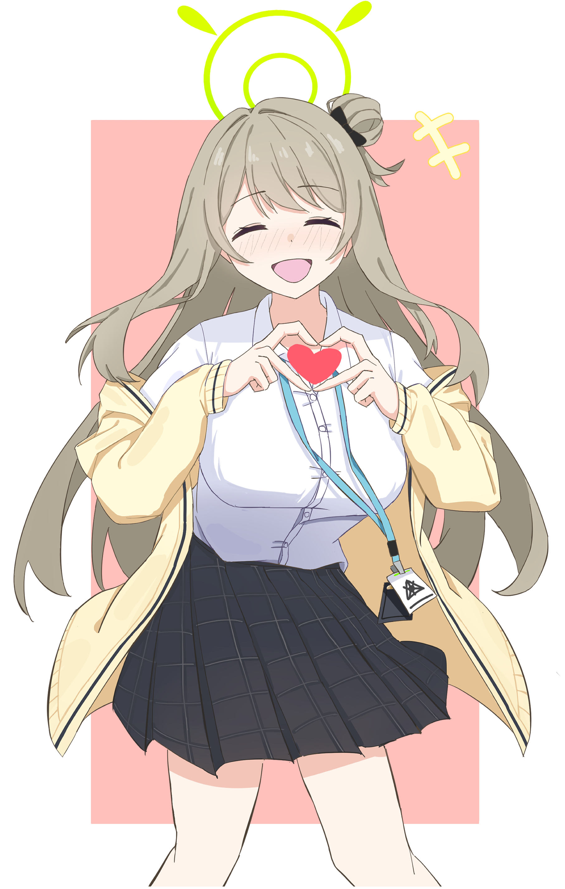 +++ 1girl four-finger_heart_hands :d ^_^ absurdres abydos_high_school_logo black_bow black_skirt blue_archive blush bow breasts brown_hair cardigan cardigan_partially_removed closed_eyes commentary doumu_(31678316) facing_viewer feet_out_of_frame green_halo hair_bow halo hands_up happy heart heart_hands heart_in_heart_hands highres id_card large_breasts long_hair long_sleeves miniskirt nonomi_(blue_archive) one_side_up open_cardigan open_clothes open_mouth pink_background plaid_clothes plaid_skirt pleated_skirt school_uniform shirt simple_background skirt smile solo standing swept_bangs two-tone_background very_long_hair white_background white_shirt yellow_cardigan