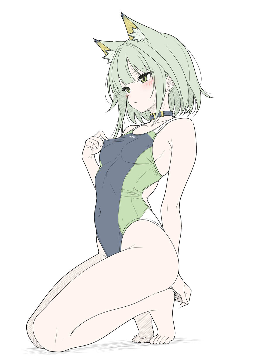 1girl alternate_costume animal_ear_fluff animal_ears arknights barefoot black_collar black_one-piece_swimsuit breasts cat_ears cat_girl closed_mouth collar commentary covered_navel extra_ears flat_color full_body green_eyes green_hair green_one-piece_swimsuit highres kal&#039;tsit_(arknights) legs medium_breasts multicolored_swimsuit one-piece_swimsuit short_hair simple_background solo swimsuit t1kosewad thighs toes white_background