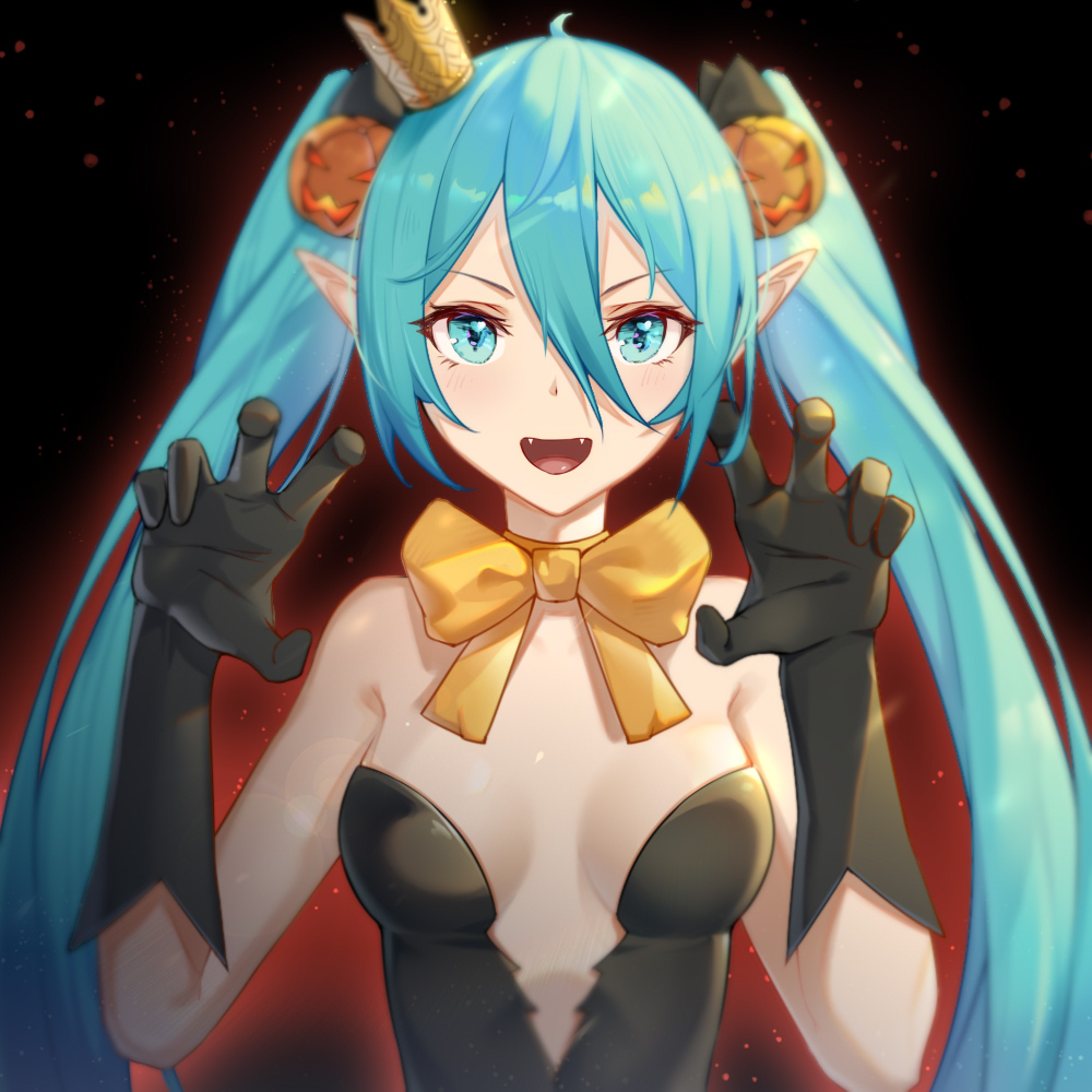 1girl :d black_gloves blue_eyes blue_hair bow bowtie breasts cleavage crown fangs food-themed_hair_ornament gloves hair_between_eyes hair_ornament halloween halloween_costume hatsune_miku long_hair looking_at_viewer medium_breasts mini_crown open_mouth pointy_ears pumpkin_hair_ornament smile solo strapless twintails upper_body very_long_hair vocaloid yellow_bow yellow_bowtie zuiai_gongzhu_dianxia