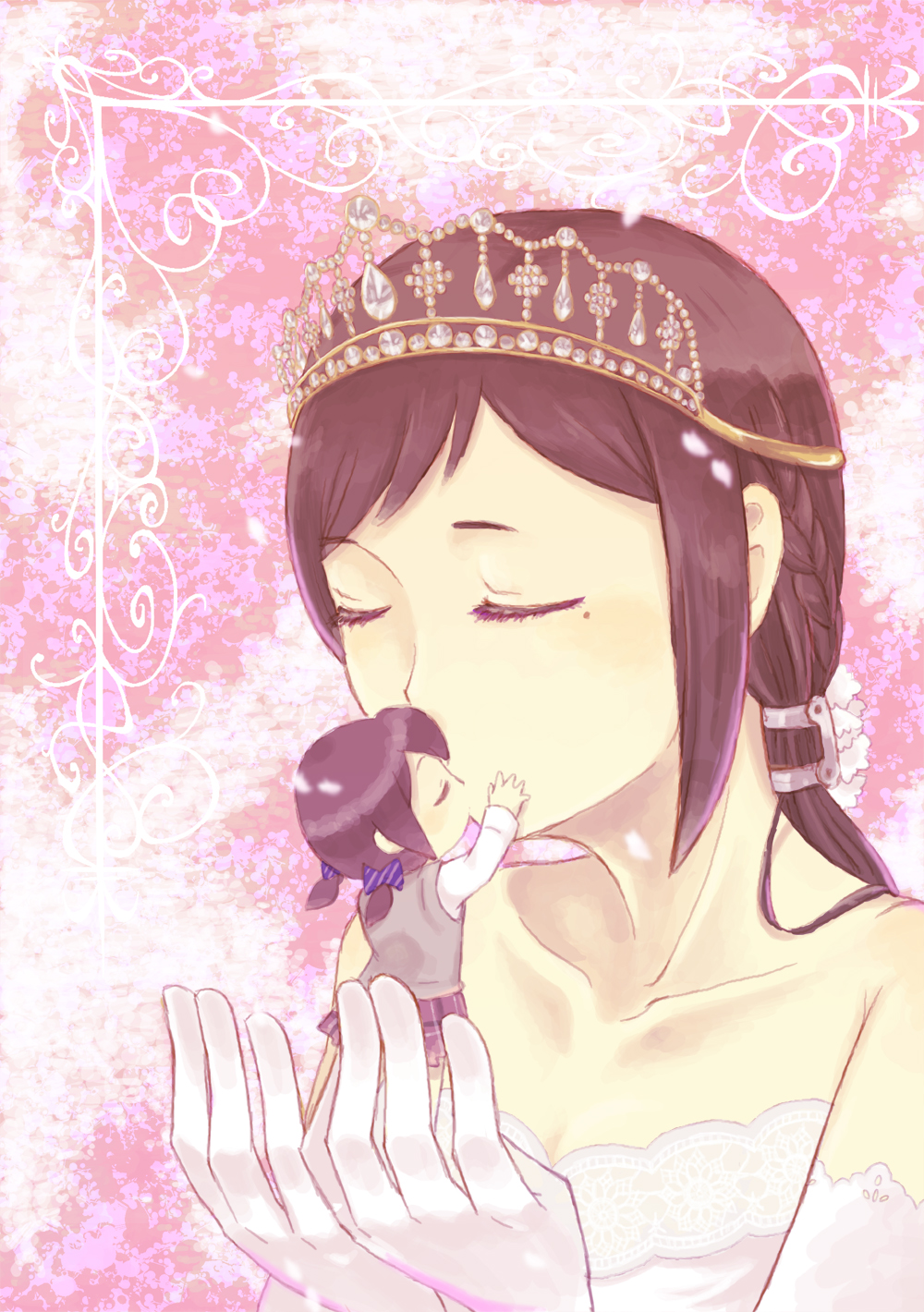 2girls aihara_miki bad_id bad_pixiv_id braid brown_hair closed_eyes elbow_gloves gloves highres holding kiss kzkr maki_seina mini_person minigirl mole multiple_girls okujou_no_yurirei-san size_difference tiara yuri