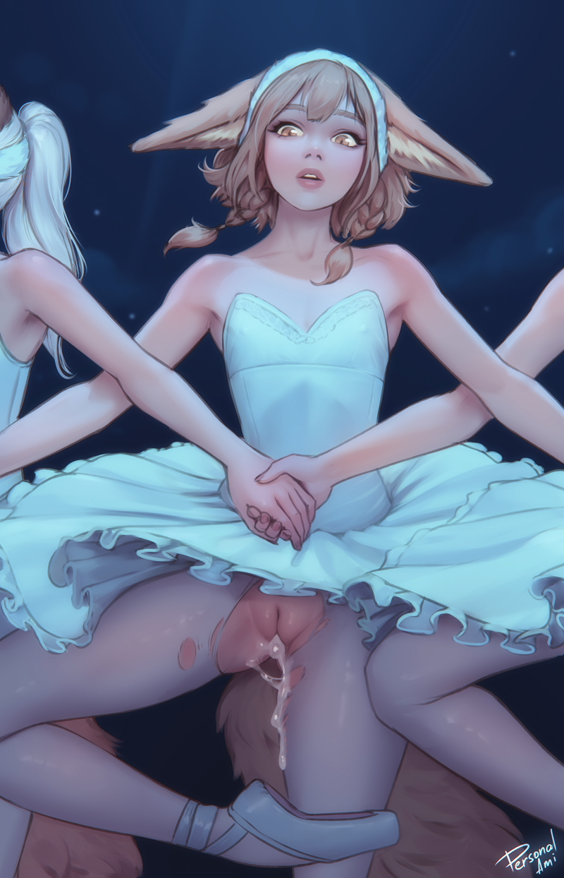 3girls animal_ears ballerina ballet_slippers brown_hair cleft_of_venus commentary cum cum_in_pussy cumdrip dress english_commentary fox_ears fox_girl fox_tail grey_pantyhose highres khiara_(personal_ami) multiple_girls open_mouth original pantyhose personal_ami pussy short_hair solo_focus strapless strapless_dress tail torn_clothes torn_pantyhose tutu uncensored white_dress yellow_eyes