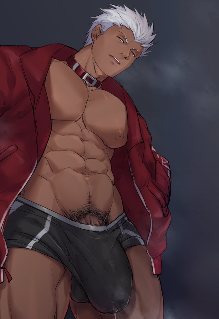 1boy abs archer_(cool_and_wild)_(fate) archer_(fate) bara bare_pectorals black_male_underwear boxer_briefs breath brown_eyes bulge chachi_(soulga) collar cowboy_shot cum cum_in_clothes cum_through_clothes dark-skinned_male dark_skin erection erection_under_clothes fate/stay_night fate_(series) head_tilt jacket large_pectorals large_penis leather leather_jacket male_focus male_pubic_hair male_underwear muscular muscular_male navel navel_hair nipples official_alternate_costume open_clothes open_jacket pectorals penis pubic_hair red_collar red_jacket short_hair solo stomach thick_thighs thighs underwear white_hair