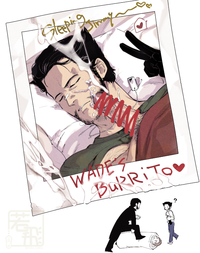 3boys black_gloves bottle censored closed_eyes commentary_request cum cum_on_body deadpool dog_tags ejaculation english_text facial gloves heart holding holding_bottle looking_at_another lying male_focus male_pubic_hair marvel multiple_boys on_bed parted_lips penis photo_(object) pillow pubic_hair sabertooth_(x-men) shirt short_hair sleep_molestation sleeping spoken_heart v veins veiny_penis wakatobi_chakku wolverine_(x-men) x-men x-men_film_series x-men_origins:_wolverine yaoi