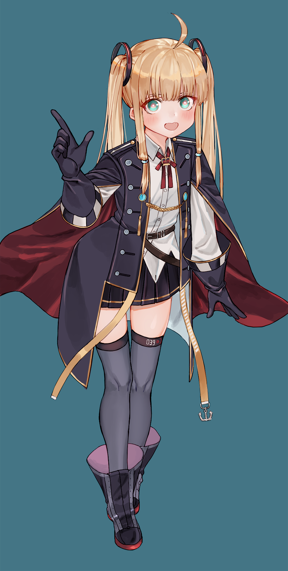 1girl :d ahoge amazon_(azur_lane) amazon_(retrofit)_(azur_lane) azur_lane black_boots black_cape black_coat black_gloves black_skirt blonde_hair blue_background boots bright_pupils cape coat collared_shirt full_body gloves green_eyes grey_thighhighs highres index_finger_raised leaning_forward long_hair long_sleeves looking_at_viewer luicent miniskirt neck_ribbon open_mouth pleated_skirt red_ribbon ribbon sanpaku shirt simple_background skirt smile solo thighhighs twintails two-sided_cape two-sided_fabric untucked_shirt white_pupils white_shirt wing_collar