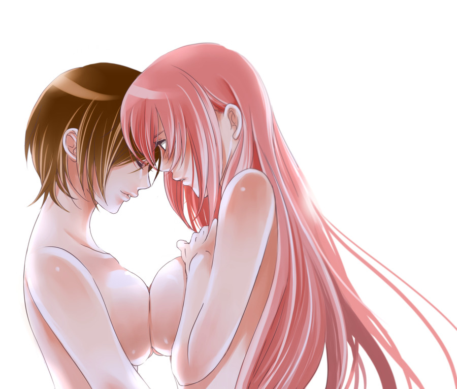 2girls blush breast_press breasts brown_eyes brown_hair closed_eyes large_breasts long_hair megurine_luka meiko_(vocaloid) multiple_girls nude pink_hair profile short_hair simple_background symmetrical_docking toyu vocaloid yuri