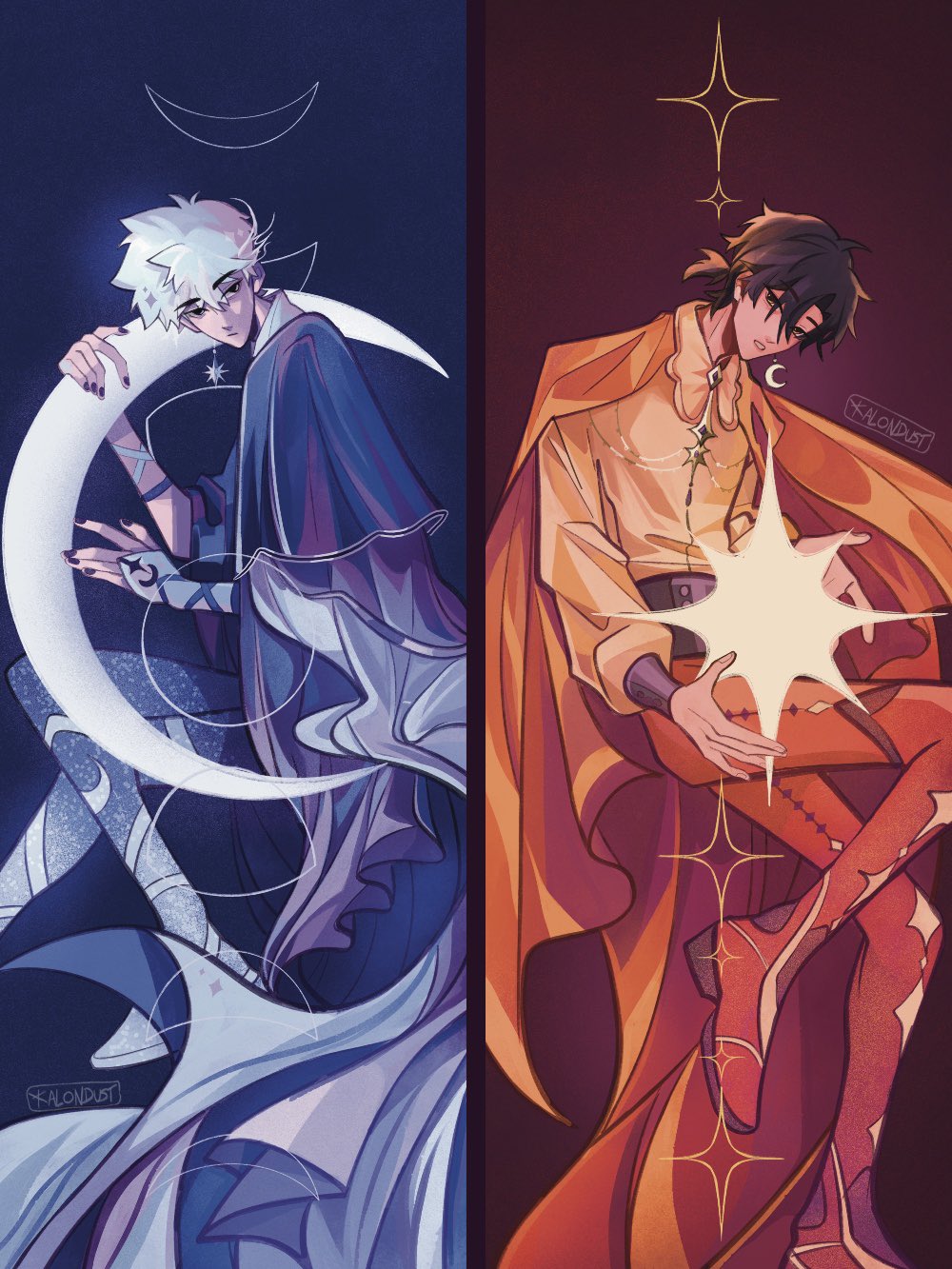 2boys black_hair black_nails boots brown_hair cape cheng_xiaoshi crescent crescent_moon dark-skinned_male dark_skin earrings full_body highres jewelry kalondust limited_palette long_sleeves looking_at_viewer lu_guang male_focus moon multiple_boys pants polar_opposites ponytail shiguang_dailiren shirt short_hair short_ponytail smile sparkle sun white_hair yellow_cape