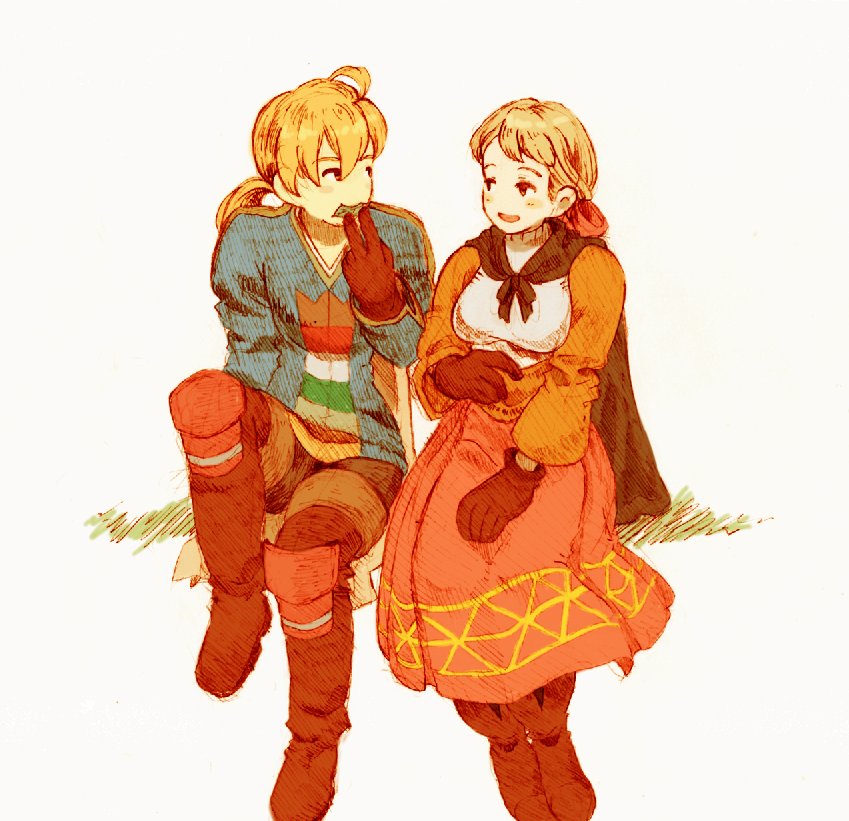 1boy 1girl ahoge alma_beoulve artist_request blonde_hair blush boots breasts brother_and_sister cape dress final_fantasy final_fantasy_tactics gloves hair_ribbon non-web_source ponytail ramza_beoulve ribbon shirt siblings simple_background small_breasts smile whistle