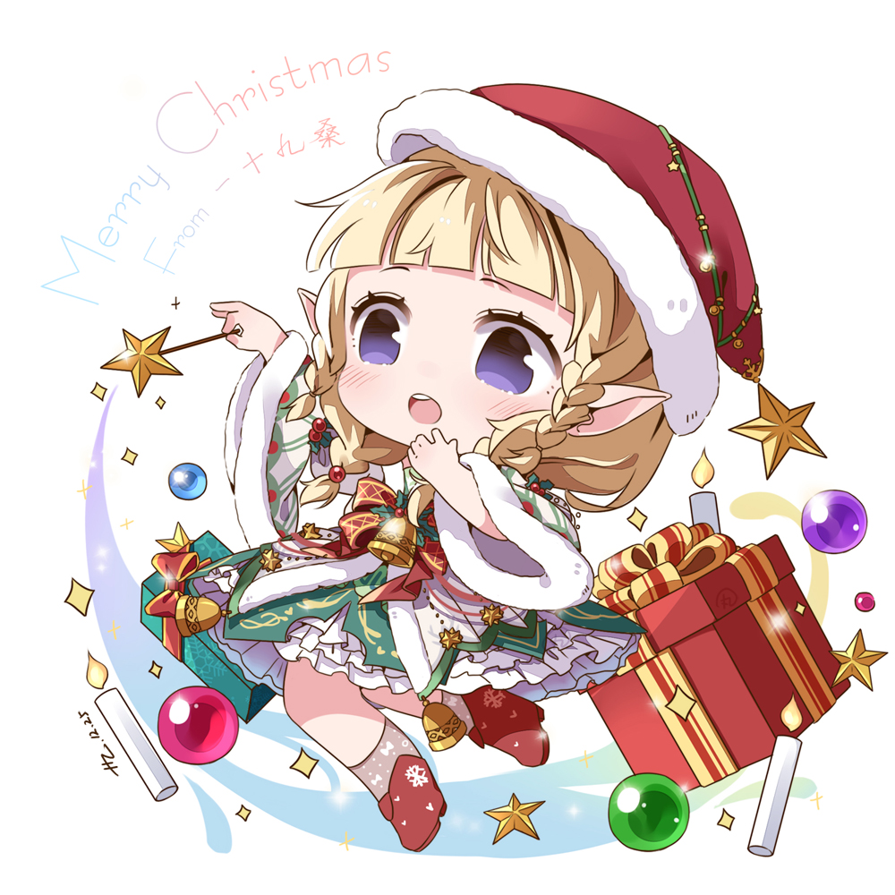 1girl ankle_socks artist_name bell blonde_hair blunt_bangs boots bow bow_print bowtie braid candle chibi chinese_commentary christmas_adventure_(miracle_nikki) christmas_ornaments commentary commentary_request dress elf english_commentary english_text eyelashes fire frilled_dress frills fur-trimmed_dress fur-trimmed_headwear fur_trim gift grey_socks hand_on_own_chin hat hat_ornament holding holding_wand holly kexi_shi_ge_hentai light_blush light_particles long_hair merry_christmas miracle_nikki mixed-language_commentary multiple_braids nikki_(series) open_mouth pointy_ears polka_dot_socks purple_eyes red_boots red_bow red_bowtie red_hat santa_hat short_dress side_braids socks solo sparkle star_(symbol) star_hat_ornament star_wand tareme teeth upper_teeth_only wand white_background white_dress