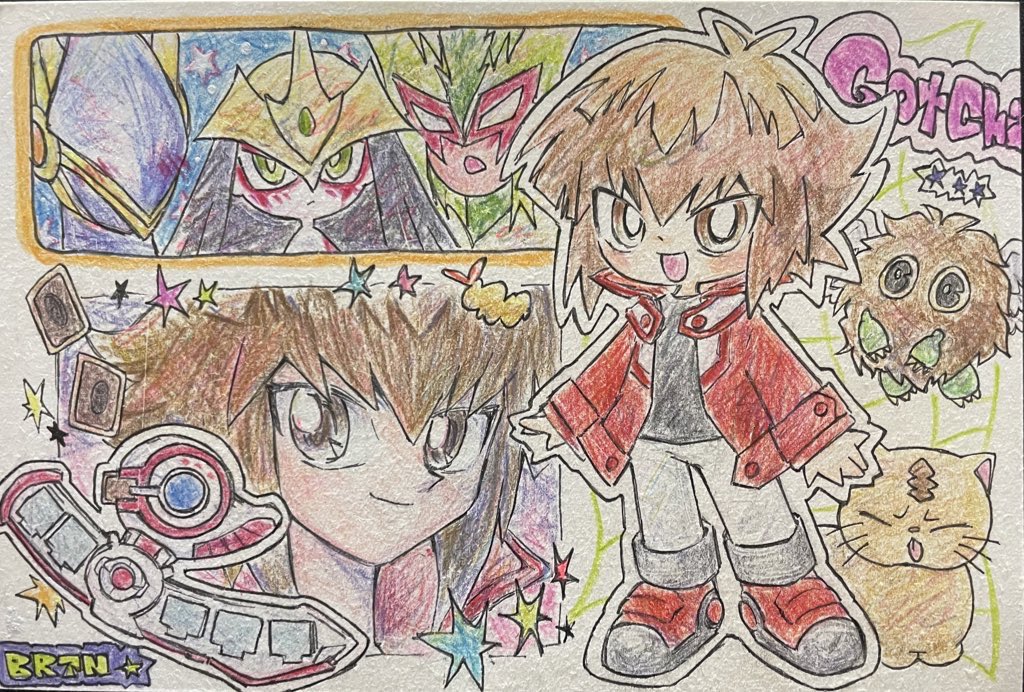 1boy :d black_shirt blush brown_eyes chibi collage colored_pencil_(medium) deformed djrem duel_academy_uniform_(yu-gi-oh!_gx) duel_disk duel_monster elemental_hero_avian elemental_hero_burstinatrix elemental_hero_sparkman full_body gotcha hair_between_eyes jacket long_sleeves male_focus multicolored_hair open_mouth pharaoh_(cat) photo_(medium) red_jacket shirt short_hair smile traditional_media two-tone_hair winged_kuriboh yu-gi-oh! yu-gi-oh!_gx yuki_judai