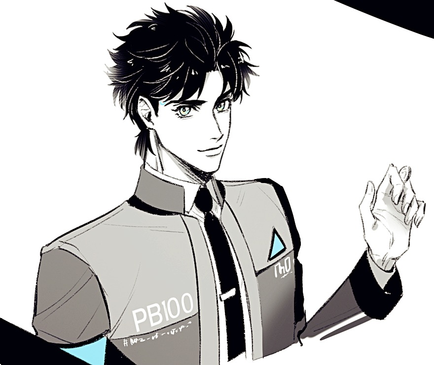 1boy alternate_costume blue_eyes chinese_commentary closed_mouth collared_jacket collared_shirt commentary_request cropped_torso detroit:_become_human eyelashes fingernails greyscale hako_iix07 hand_up high_collar jacket jojo_no_kimyou_na_bouken jonathan_joestar lips male_focus messy_hair monochrome necktie open_clothes open_jacket palms shirt short_hair smile solo spot_color thick_eyebrows tie_clip white_background