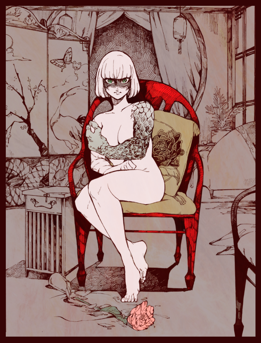 1girl arms_(game) chair chinese_lantern crossed_arms crossed_legs female_focus flower green_eyes mask min_min_(arms) monochrome nintendo nude screen sitting solo